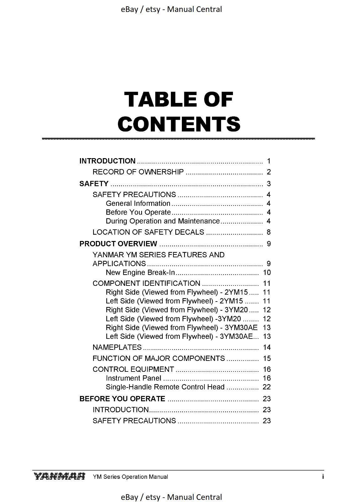 YANMAR MARINE ENGINE 2YM15 3YM20 3YM30AE OPERATION MANUAL REPRINTED 2019 EDITION