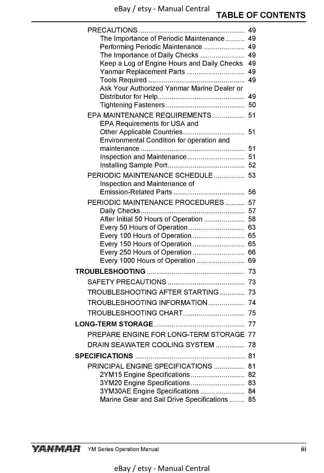 YANMAR MARINE ENGINE 2YM15 3YM20 3YM30AE OPERATION MANUAL REPRINTED 2019 EDITION