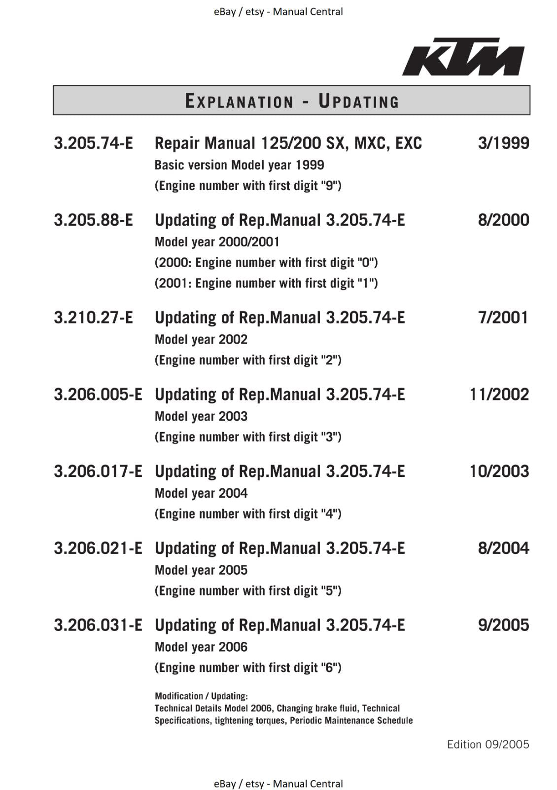 KTM 1999 - 2006  125 200 SX SXS MXC EGS EXC WORKSHOP REPAIR SERVICE MANUAL