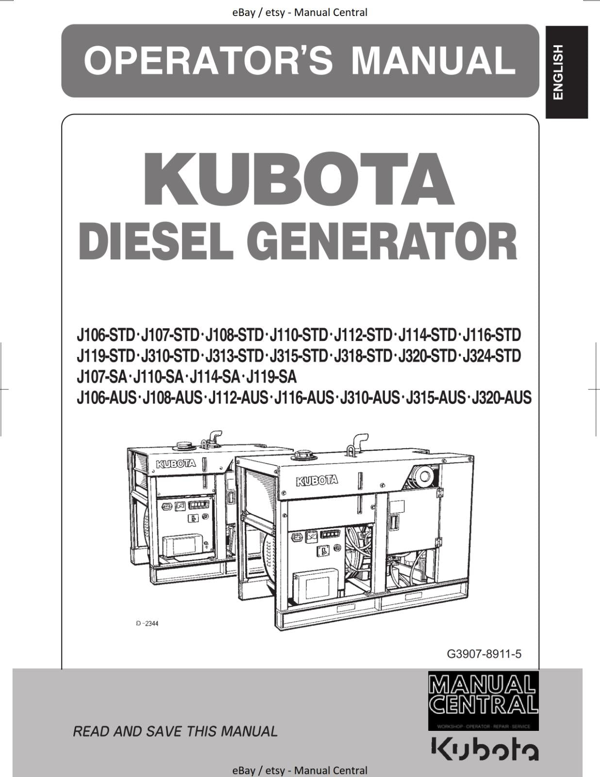 KUBOTA DIESEL GENERATOR - OPERATOR MANUAL - J106 J107 J108 J110 J112 J114 J116