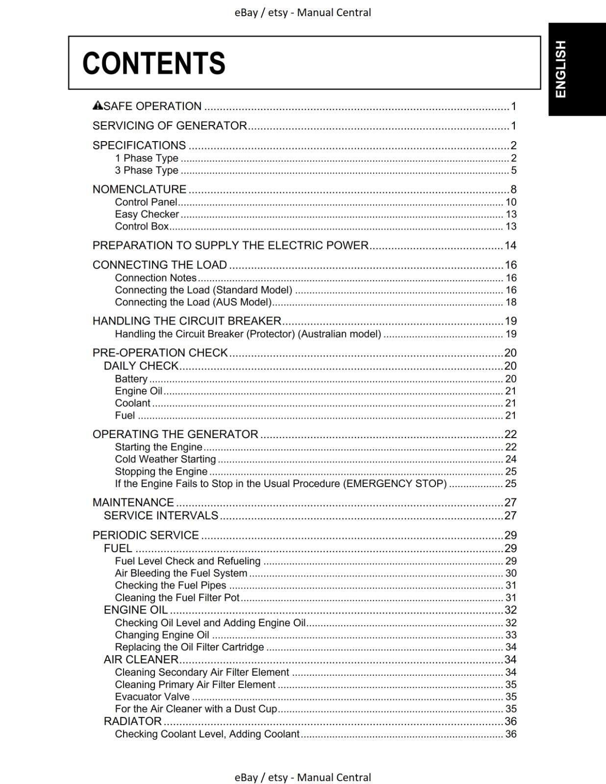 KUBOTA DIESEL GENERATOR - OPERATOR MANUAL - J119 J310 J313 J315 J318 J320 J324