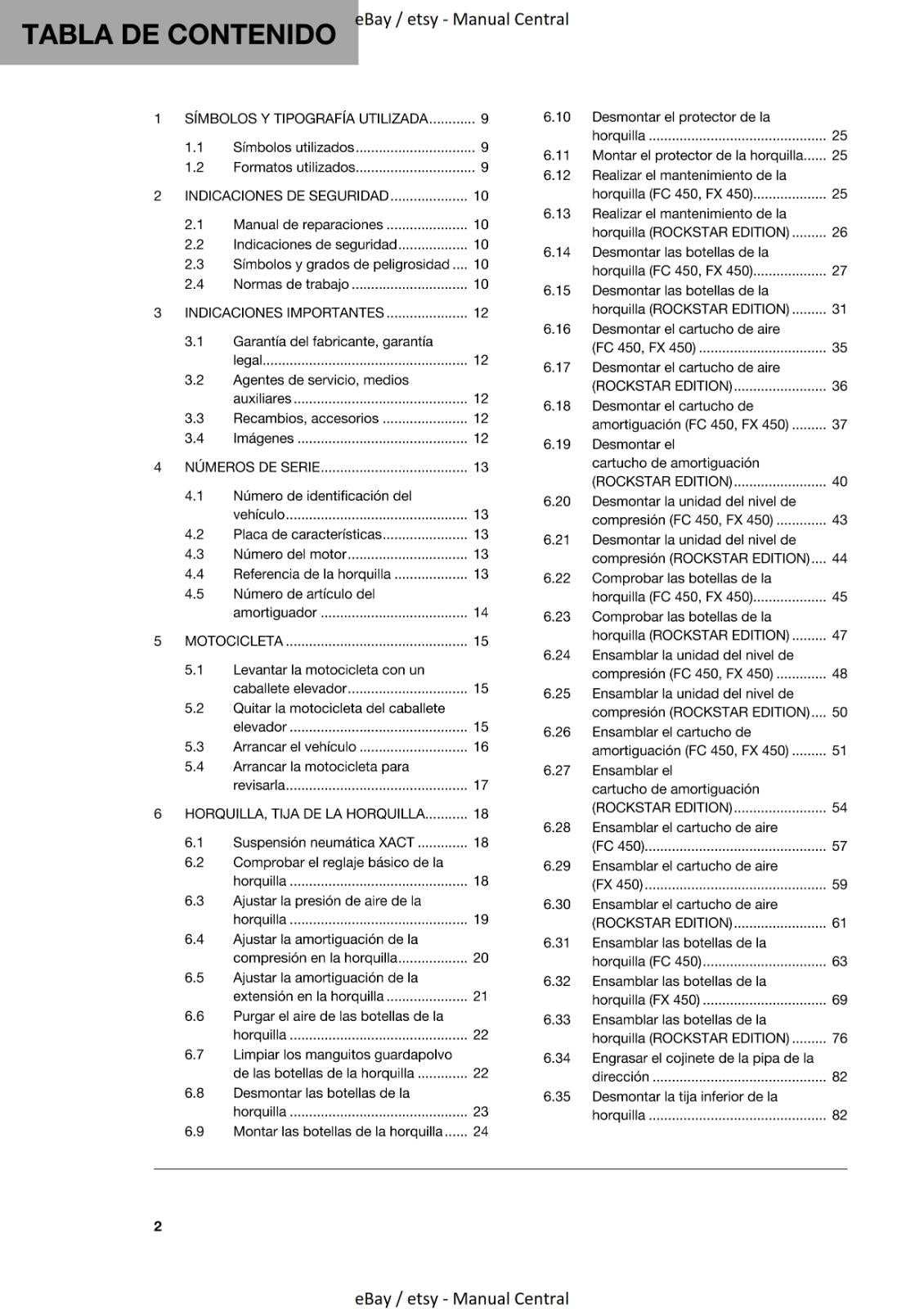MANUAL DE REPARACION HUSQVARNA 2020 - FC FX 450 - SPANISH LANGUAGE