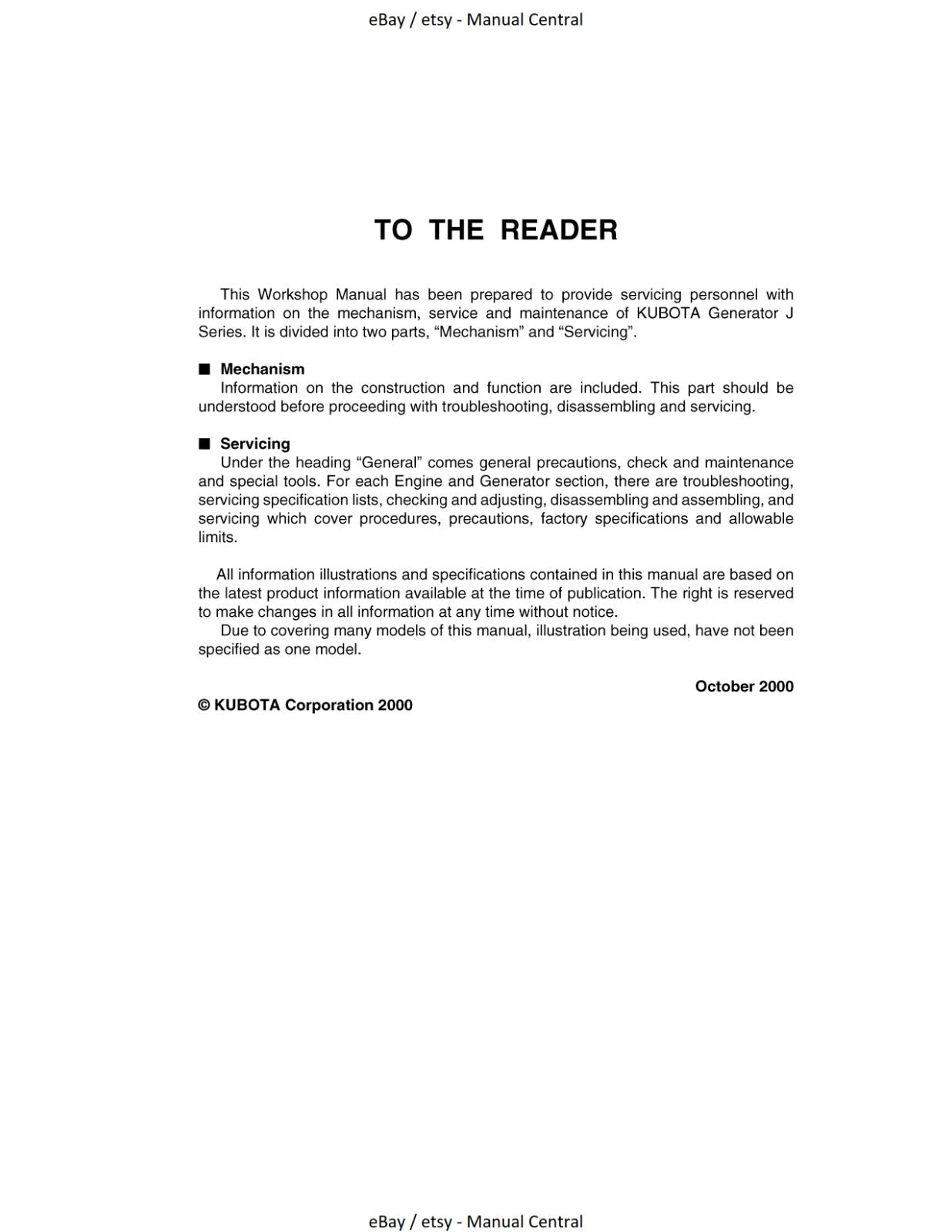 KUBOTA DIESEL GENERATOR - J SERIES J106 J108 J112 J116 J310 J315 J320 WORKSHOP