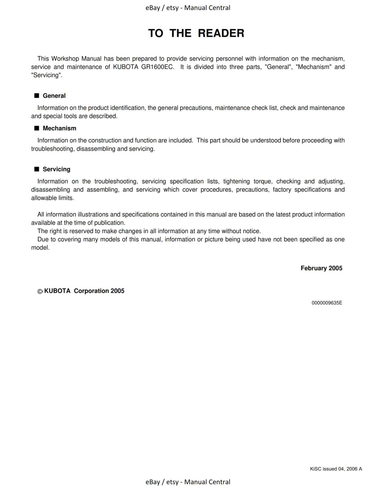 KUBOTA GR1600EC - WORKSHOP SERVICE REPAIR MANUAL REPRINTED COMB BOUND