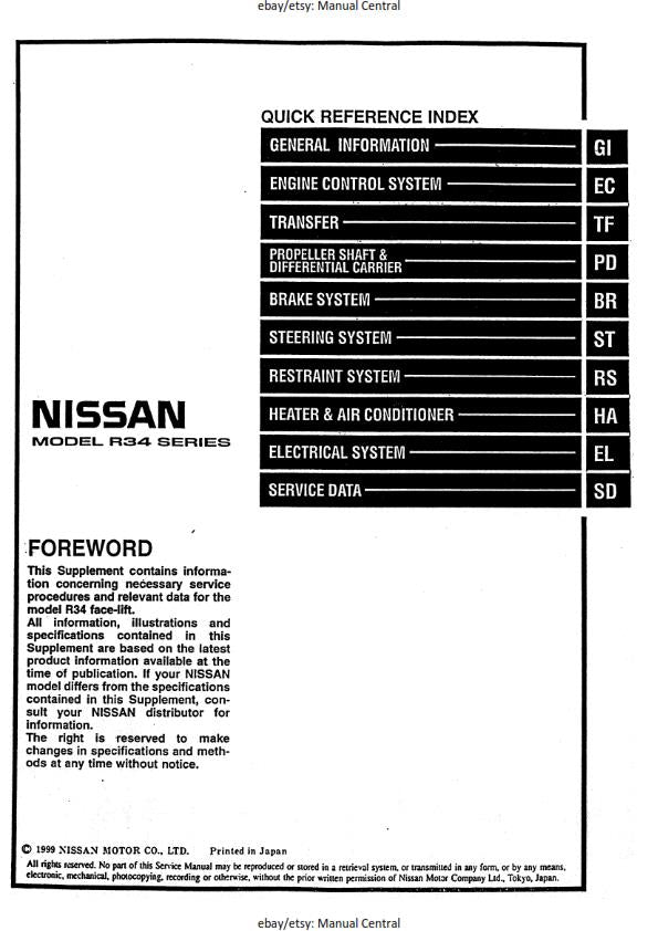 NISSAN R34 FACELIFT SERVICE DATA SPEC / TROUBLE DIAGNOSTIC SERVICE SUPPLEMENT