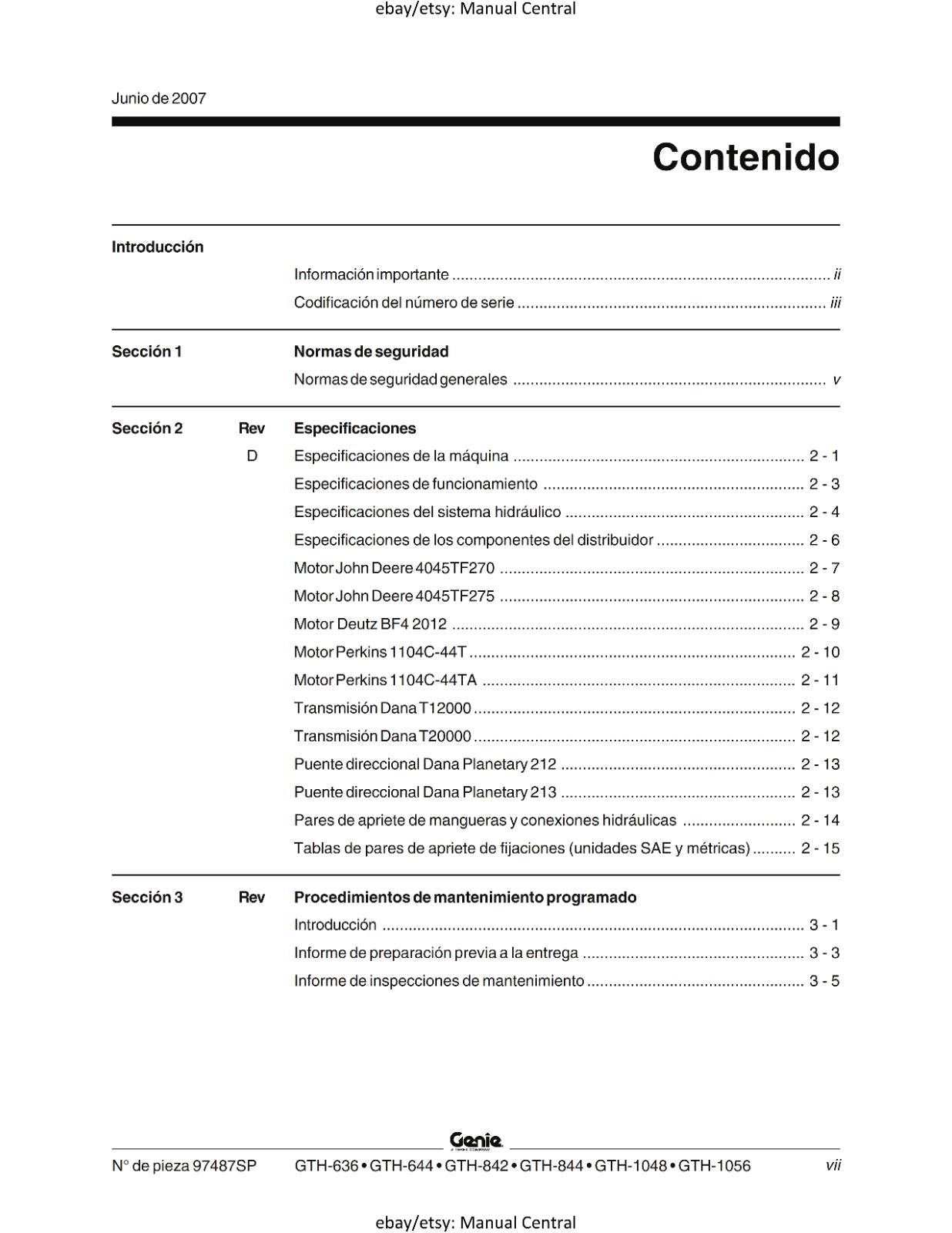 GENIE GTH 636 644 842 844 1048 1056 MANUAL DE MANTENIMIENTO - SPANISH LANGUAGE