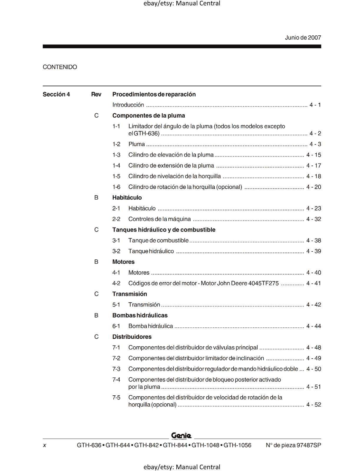 GENIE GTH 636 644 842 844 1048 1056 MANUAL DE MANTENIMIENTO - SPANISH LANGUAGE