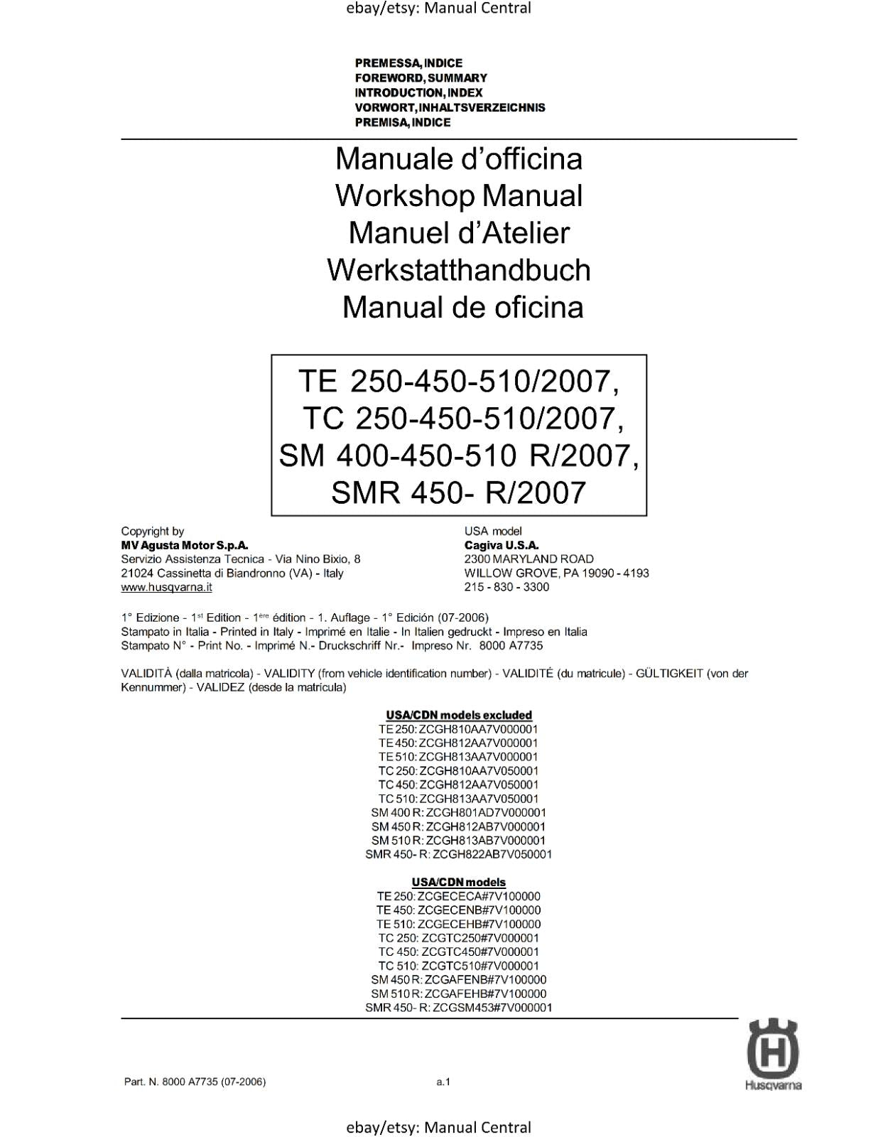 HUSQVARNA 2007 - TE TC 250 450 510 SM 400 450 510 SMR 450 SERVICE MANUAL
