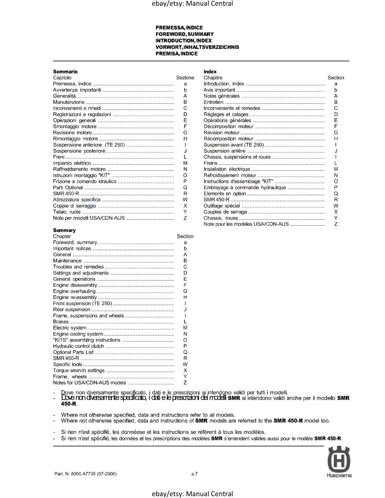 HUSQVARNA 2007 - TE TC 250 450 510 SM 400 450 510 SMR 450 SERVICE MANUAL