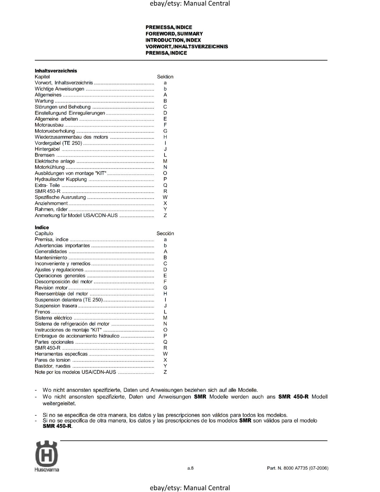 HUSQVARNA 2007 - TE TC 250 450 510 SM 400 450 510 SMR 450 SERVICE MANUAL