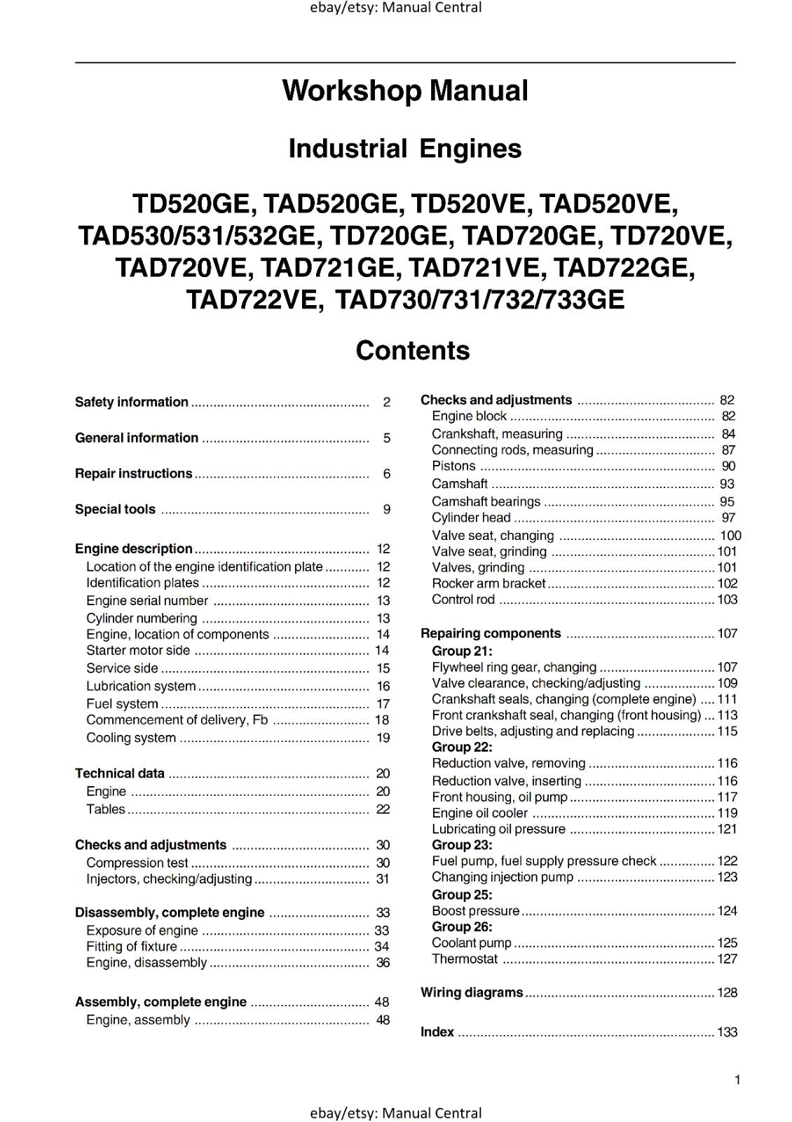 VOLVO PENTA - TAD722GE TAD722VE TAD730/731/732/733  GROUP 20-26 WORKSHOP MANUAL