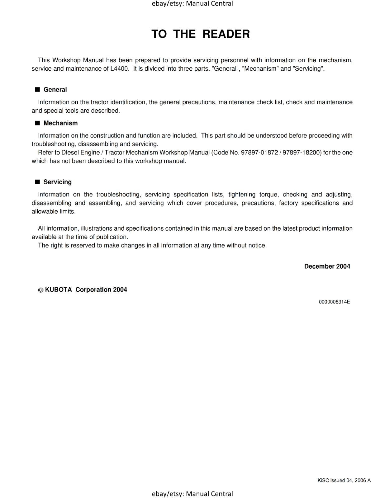 KUBOTA TRACTOR - L4400 - WORKSHOP SERVICE REPAIR MANUAL