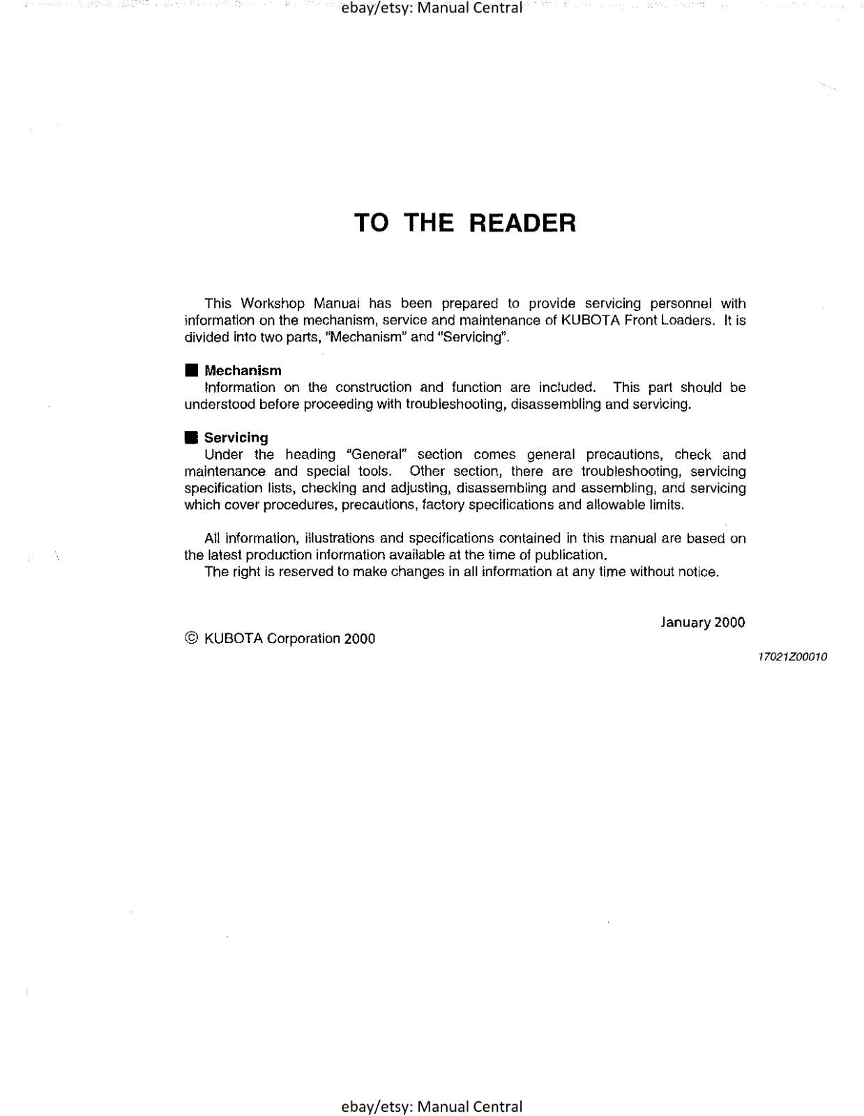 KUBOTA FRONT LOADER - LA271 LA301 LA351 LA401 LA272 LA302 LA352 LA402 - WORKSHOP