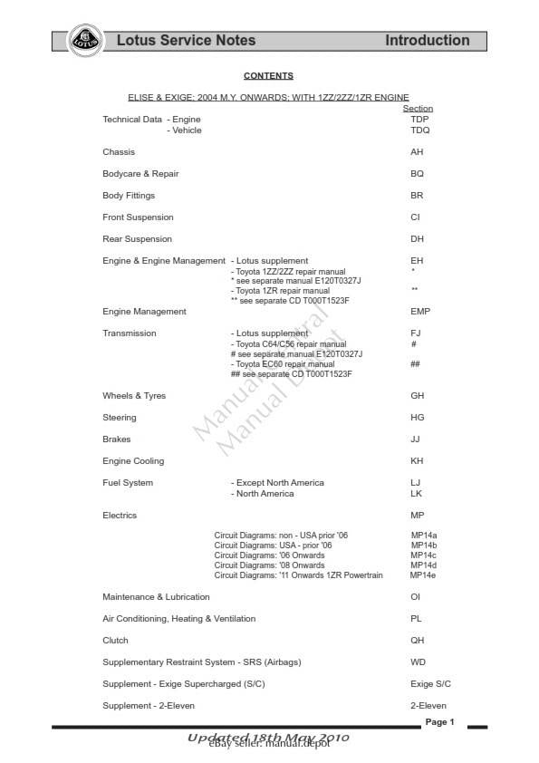 LOTUS 2 ELEVEN EXIGE ELISE SERVICE MANUAL 04 - 12 1ZZ 2ZZ 1ZR 2ZR 100GSM PAPER