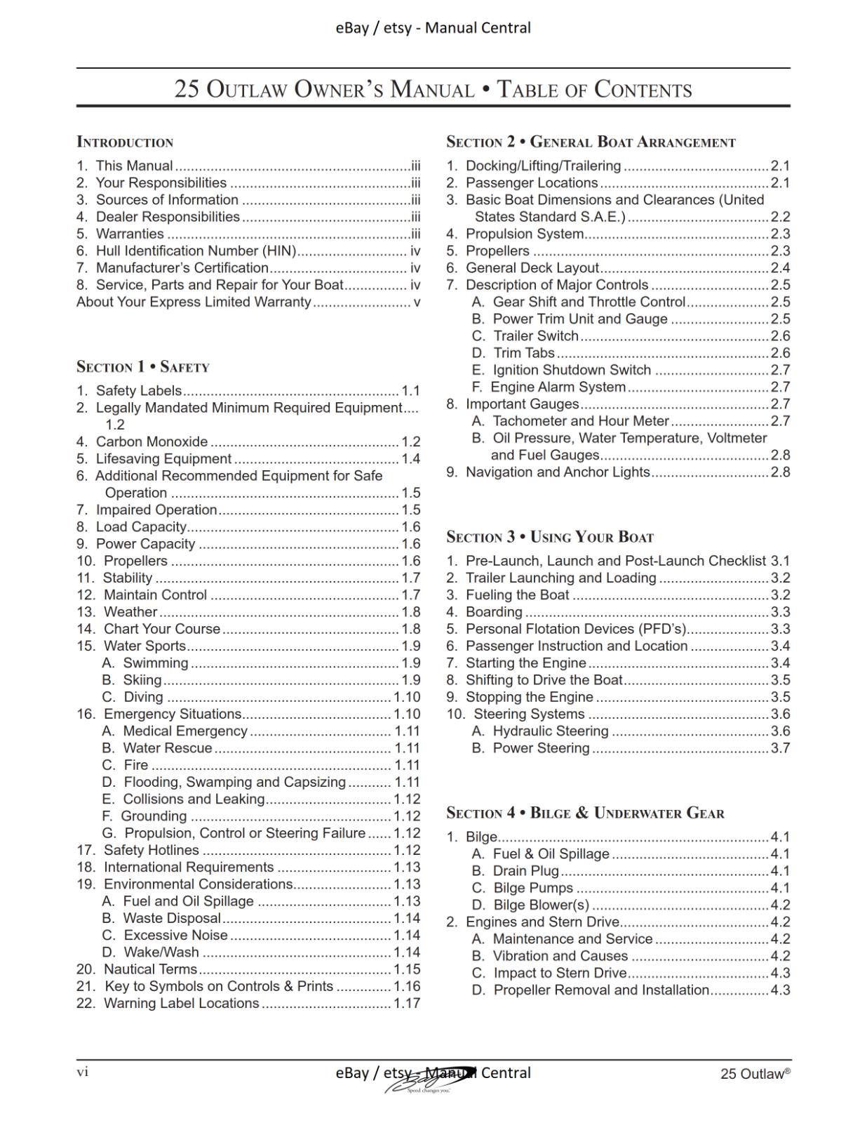 BAJA MARINE 25 OUTLAW BOAT OWNERS MANUAL REPRINTED COMB BOUND