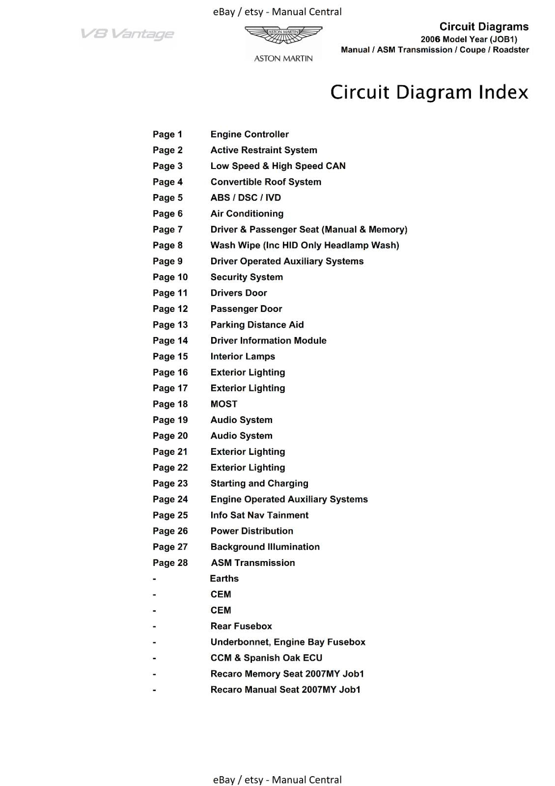 ASTON MARTIN V8 VANTAGE ELECTRICAL WIRING CIRCUIT DIAGRAMS MANUAL 2006