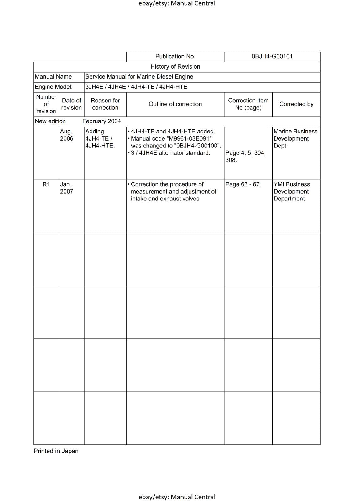 YANMAR 3JH4E 4JH4E 4JH4-TE 4JH4-HTE SERVICE WORKSHOP MANUAL REPRINTED