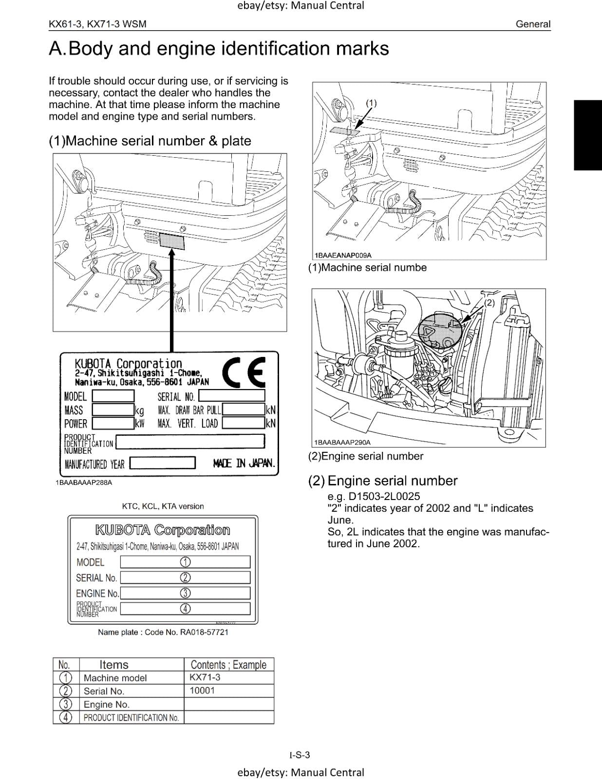 KUBOTA KX61-3 KX71-3 EXCAVATOR WORKSHOP SERVICE - SERVICE CHAPTER - PRINTED
