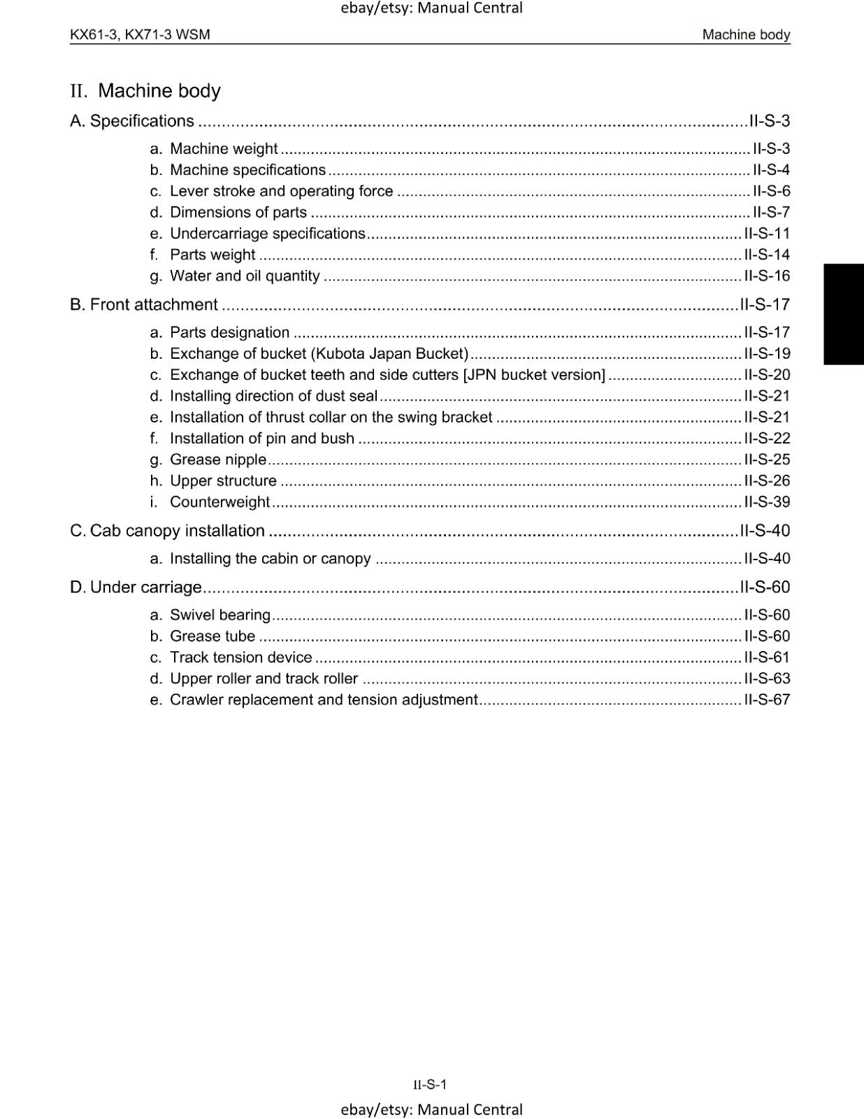 KUBOTA KX61-3 KX71-3 EXCAVATOR WORKSHOP SERVICE - SERVICE CHAPTER - PRINTED