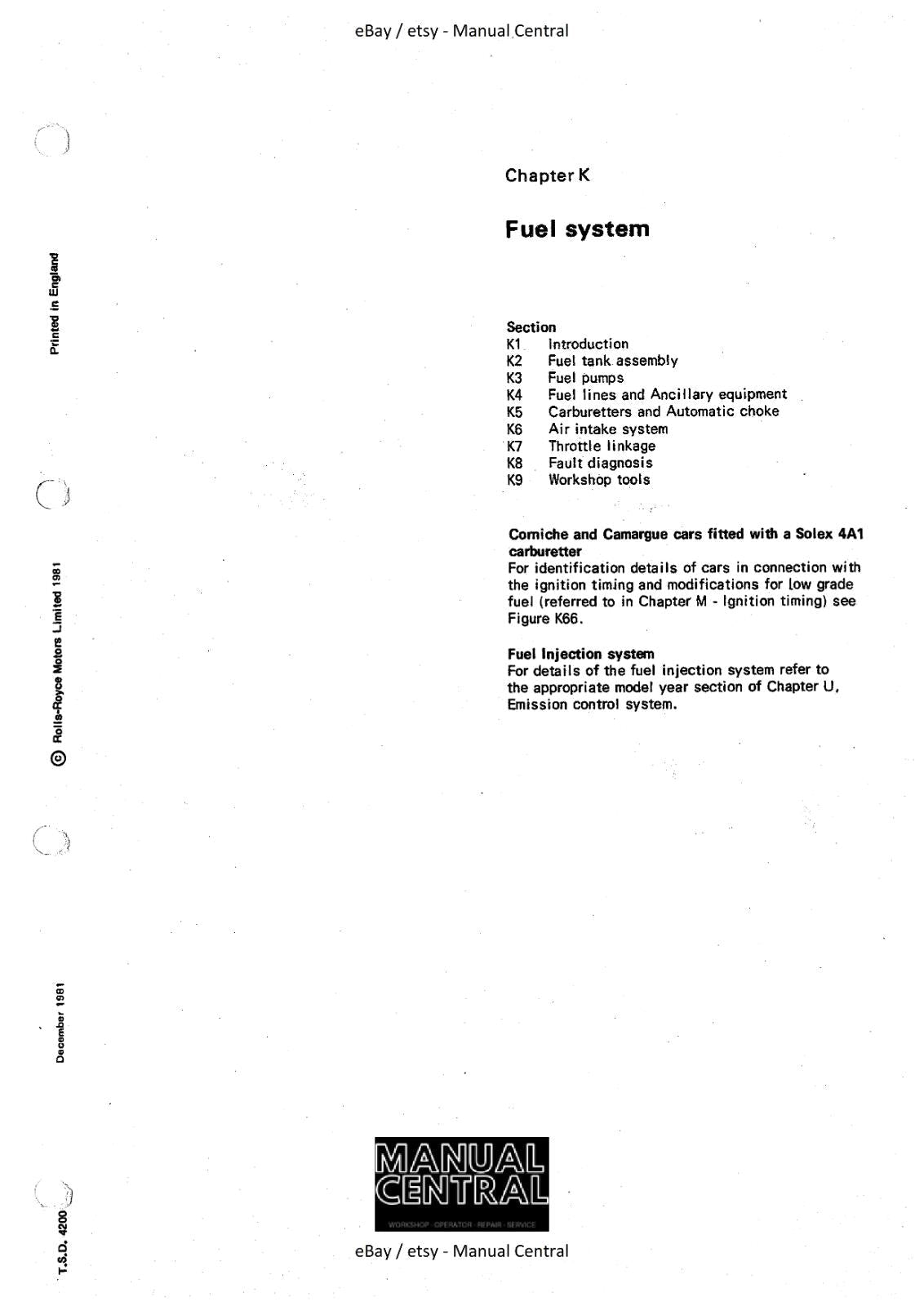 SOLEX 4A1 - S.U HIF7 CARBURETTOR SERVICE SECTION - CHAPTER K - ROLLS ROYCE