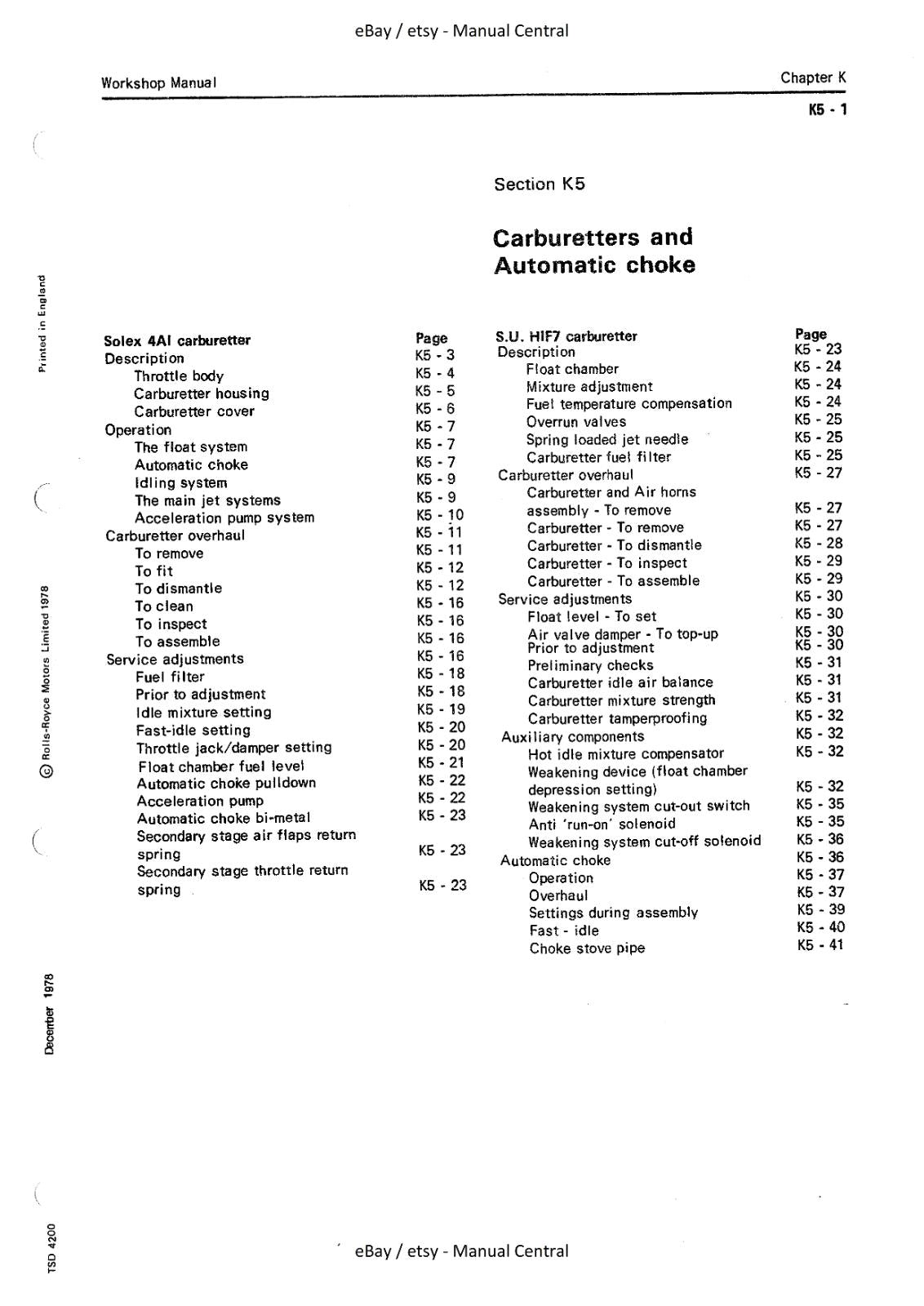 SOLEX 4A1 - S.U HIF7 CARBURETTOR SERVICE SECTION - CHAPTER K - ROLLS ROYCE