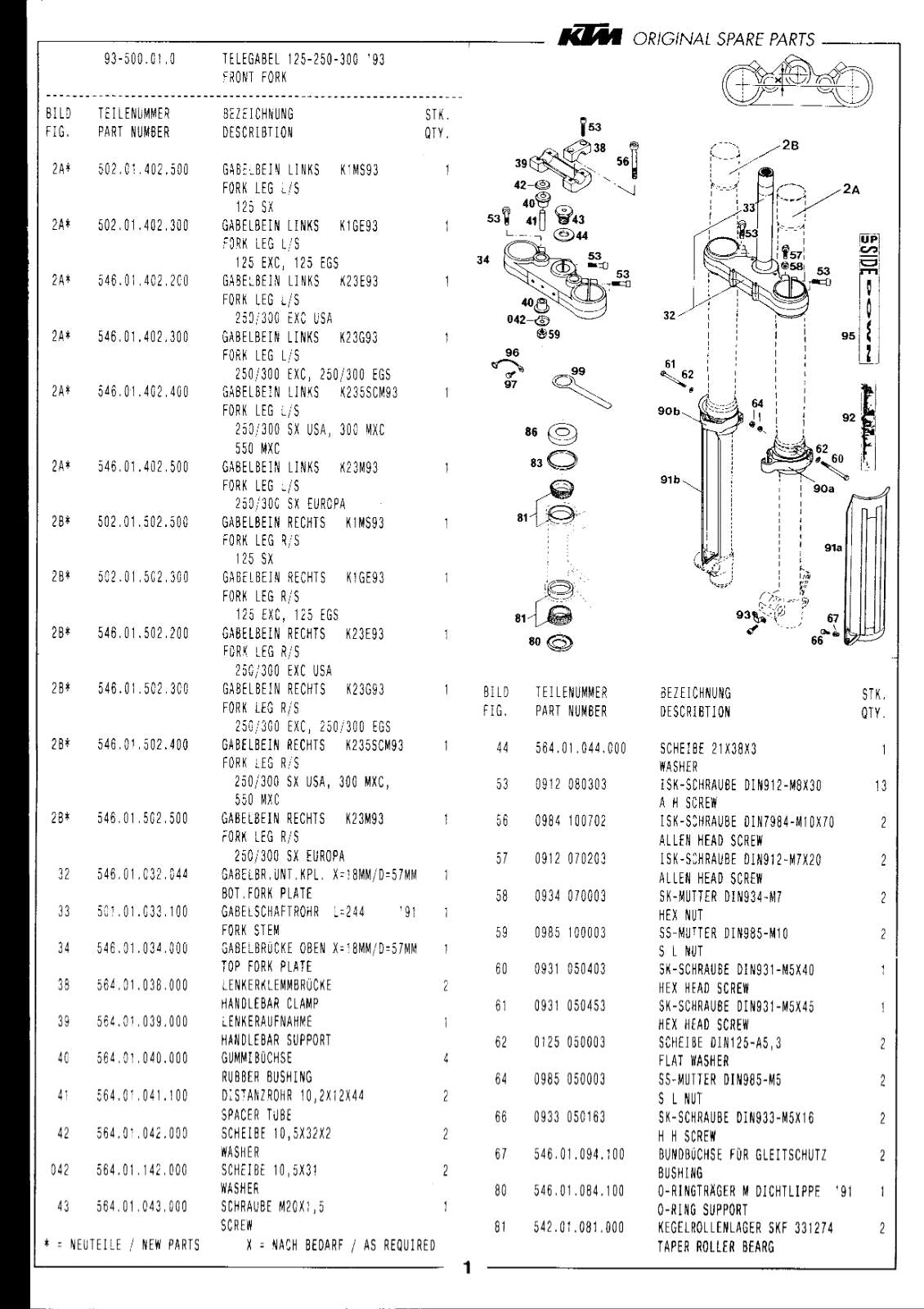 KTM 1993  - 250 300 SX EXC MXC EGS - CHASSIS PARTS MANUAL REPRINTED