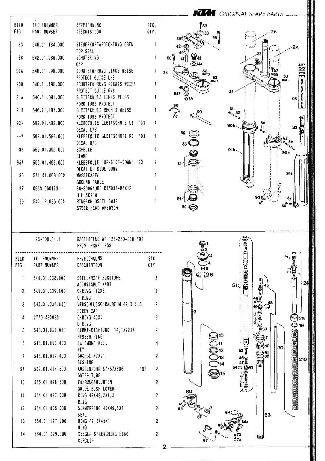KTM 1993  - 250 300 SX EXC MXC EGS - CHASSIS PARTS MANUAL REPRINTED