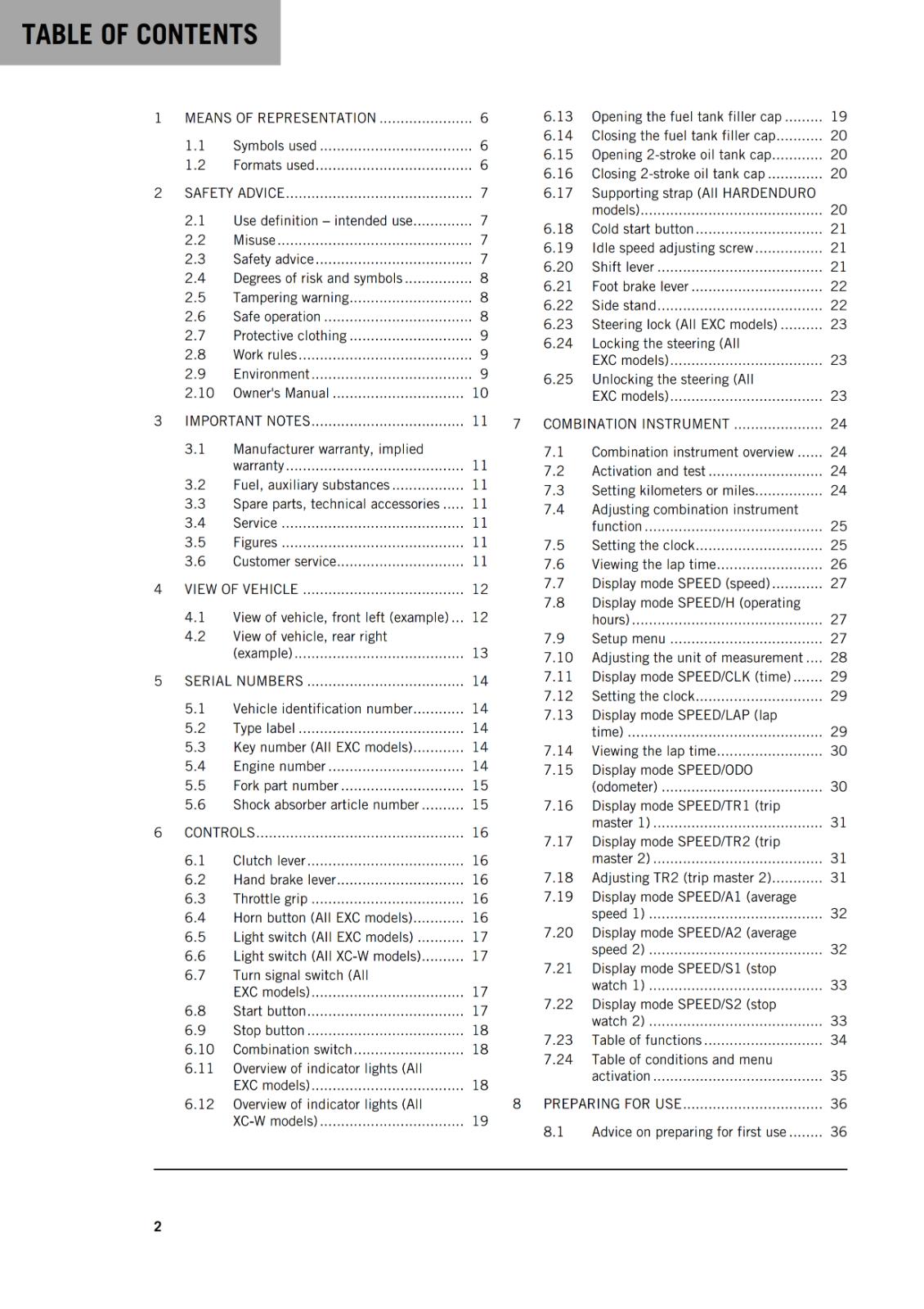 KTM 2024 - 250 300 EXC SIX DAYS XC-W HARDENDURO - OWNERS MANUAL USER GUIDE