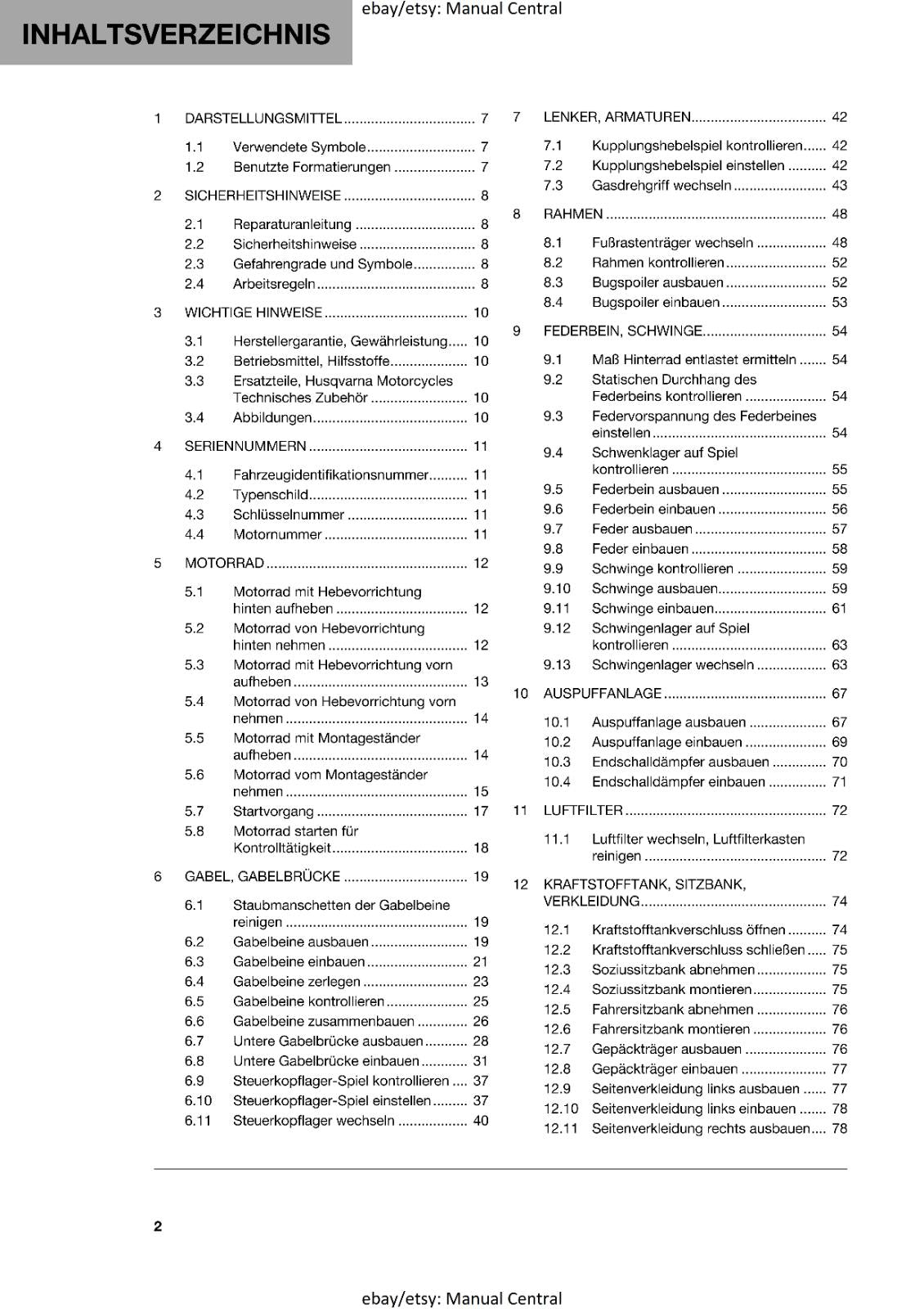GERMAN LANGUAGE - HUSQVARNA 2022 - SVARTPILEN 125 - REPARATURANLEITUNG REPRINTED