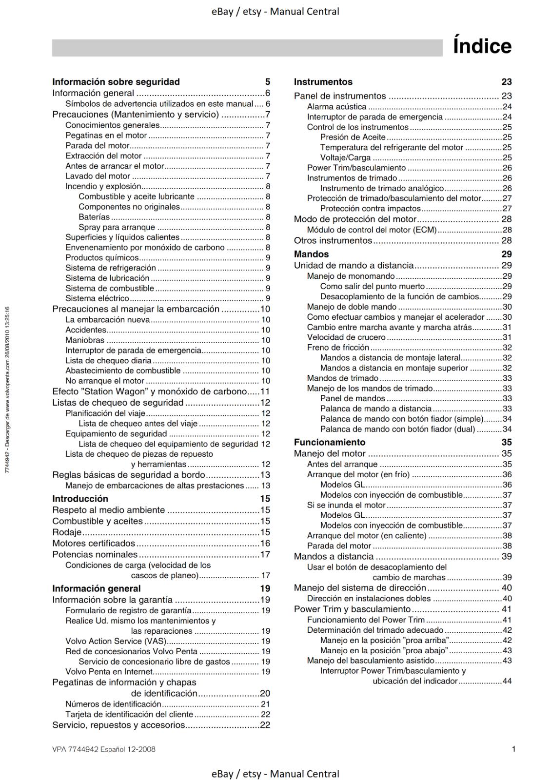VOLVO PENTA - 3.0L 4.3L 5.0L 5.7L 8.1L SX-A DPS-A XDP-B - LIBRO DE INSTRUCCIONES