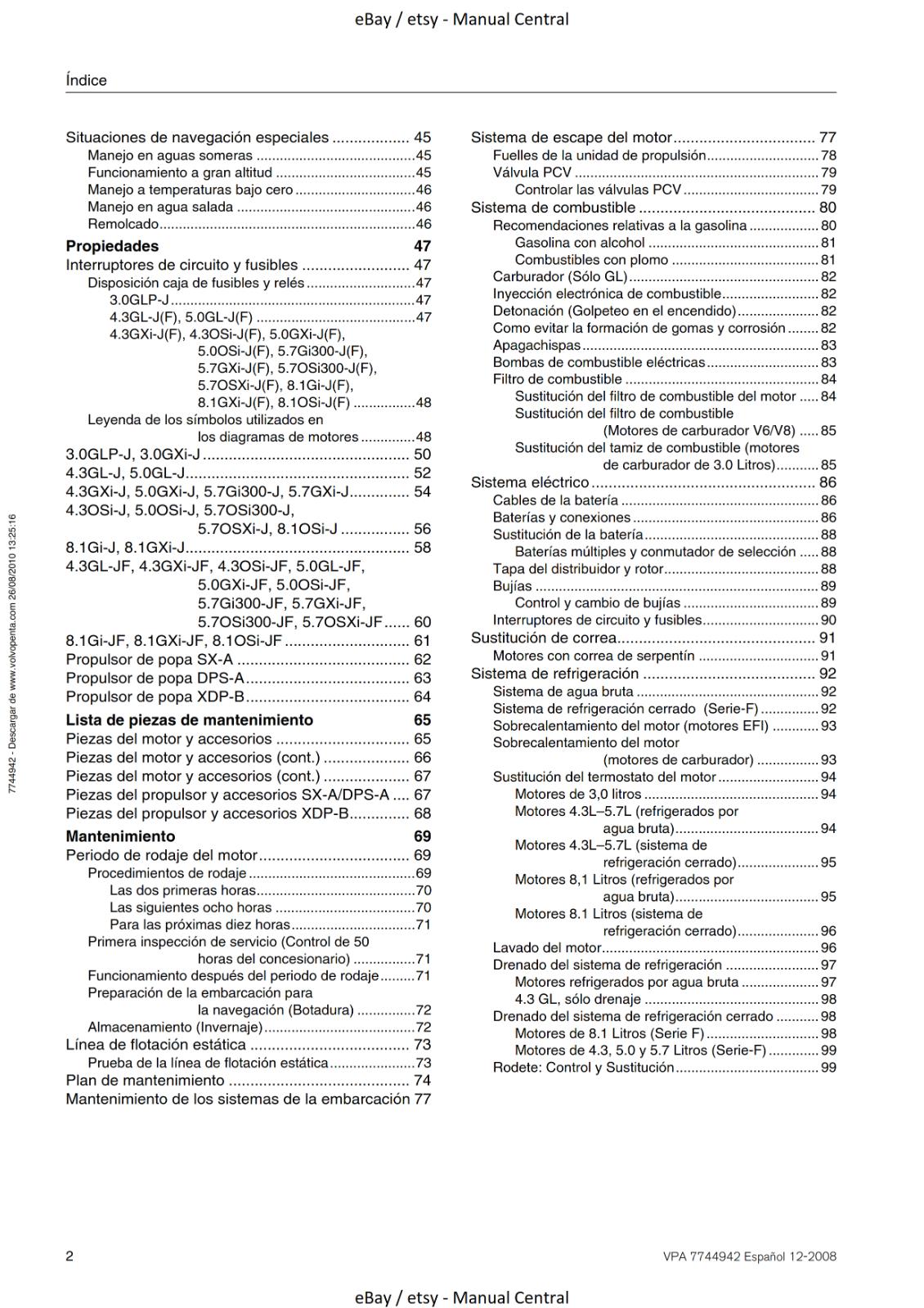 VOLVO PENTA - 3.0L 4.3L 5.0L 5.7L 8.1L SX-A DPS-A XDP-B - LIBRO DE INSTRUCCIONES