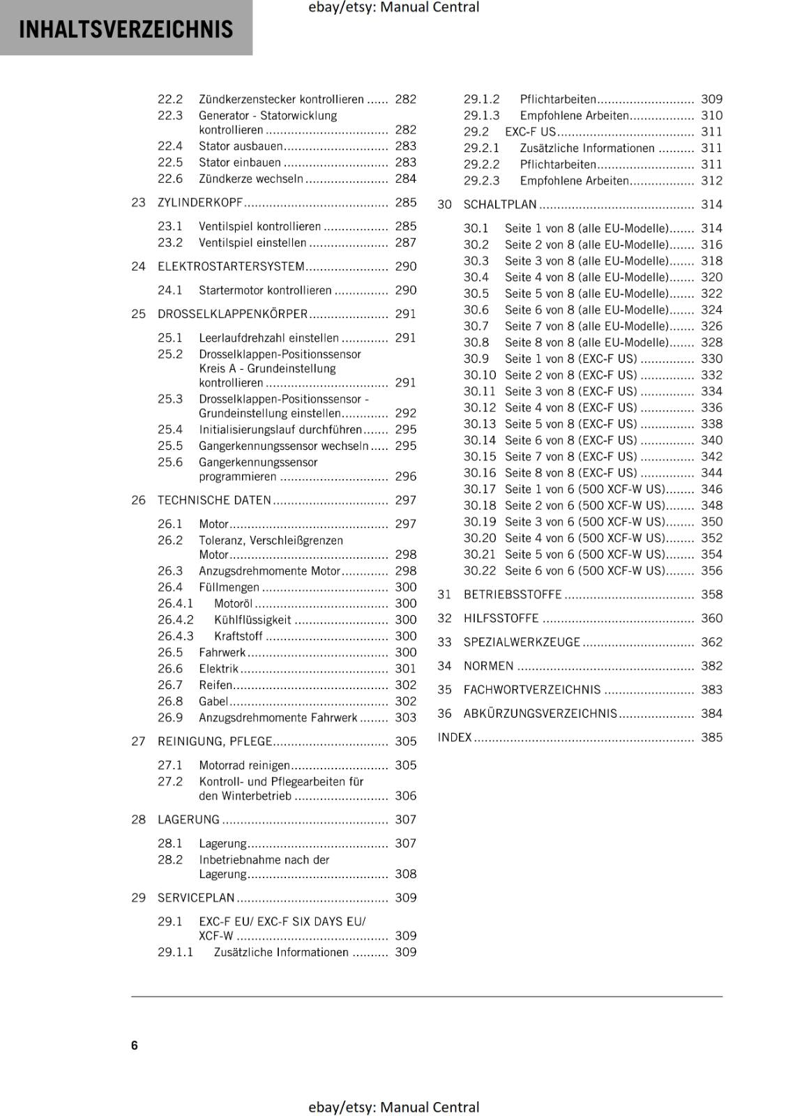 GERMAN LANGUAGE - KTM 2022 -  450 500 EXC-F SIX DAYS XCF-W - REPARTURANLEITUNG