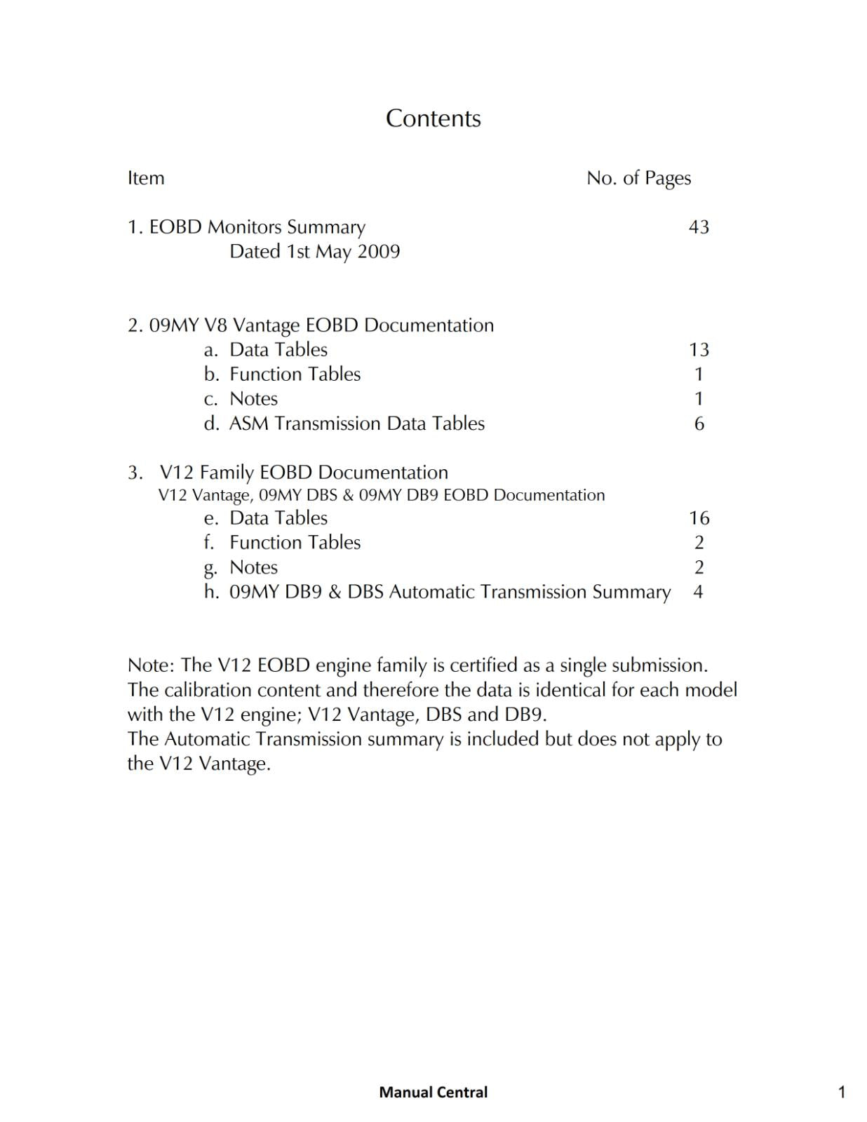 ASTON MARTIN OBD SUMMARY DOCUMENTATION - ON BOARD DIAGNOSTICS - 2009 EDITION