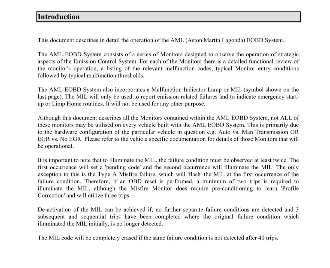 ASTON MARTIN OBD SUMMARY DOCUMENTATION - ON BOARD DIAGNOSTICS - 2009 EDITION