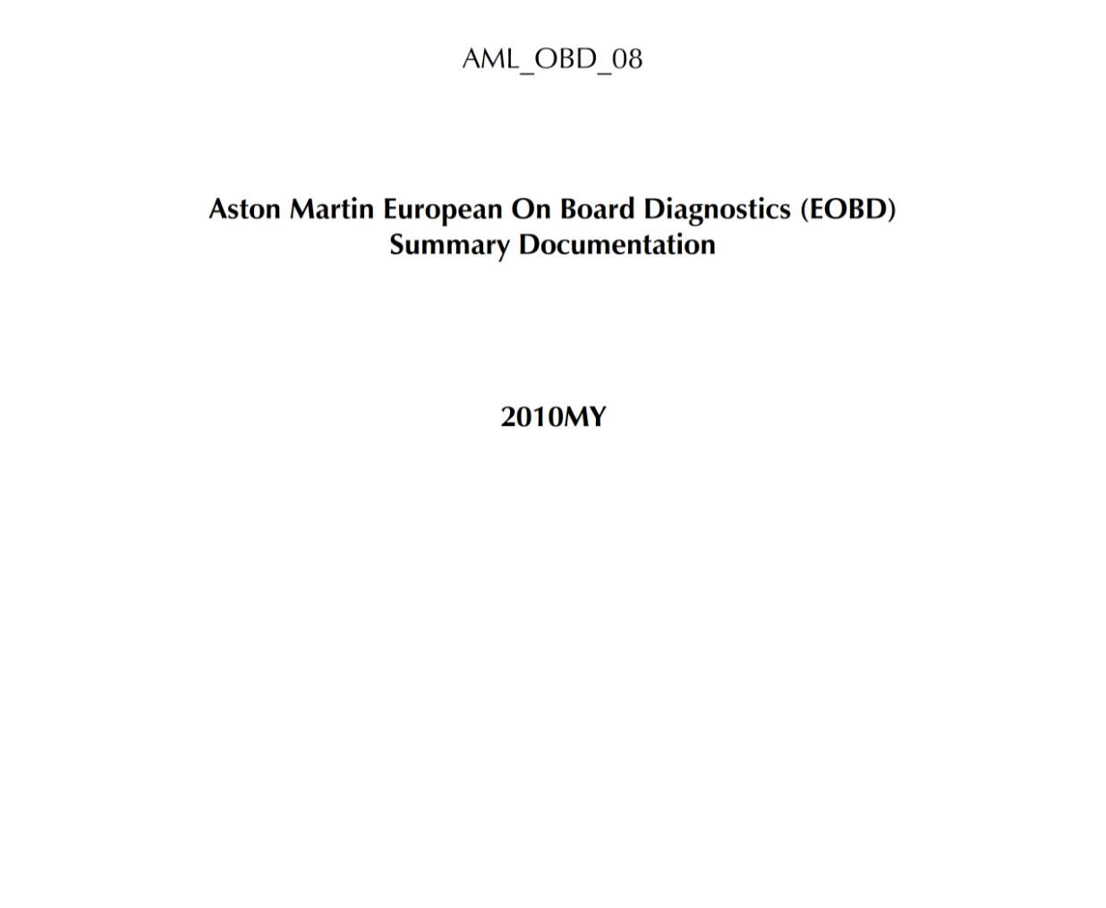 ASTON MARTIN OBD SUMMARY DOCUMENTATION - ON BOARD DIAGNOSTICS - 2010 EDITION