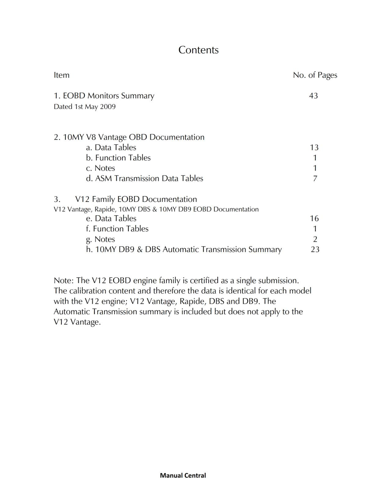 ASTON MARTIN OBD SUMMARY DOCUMENTATION - ON BOARD DIAGNOSTICS - 2010 EDITION