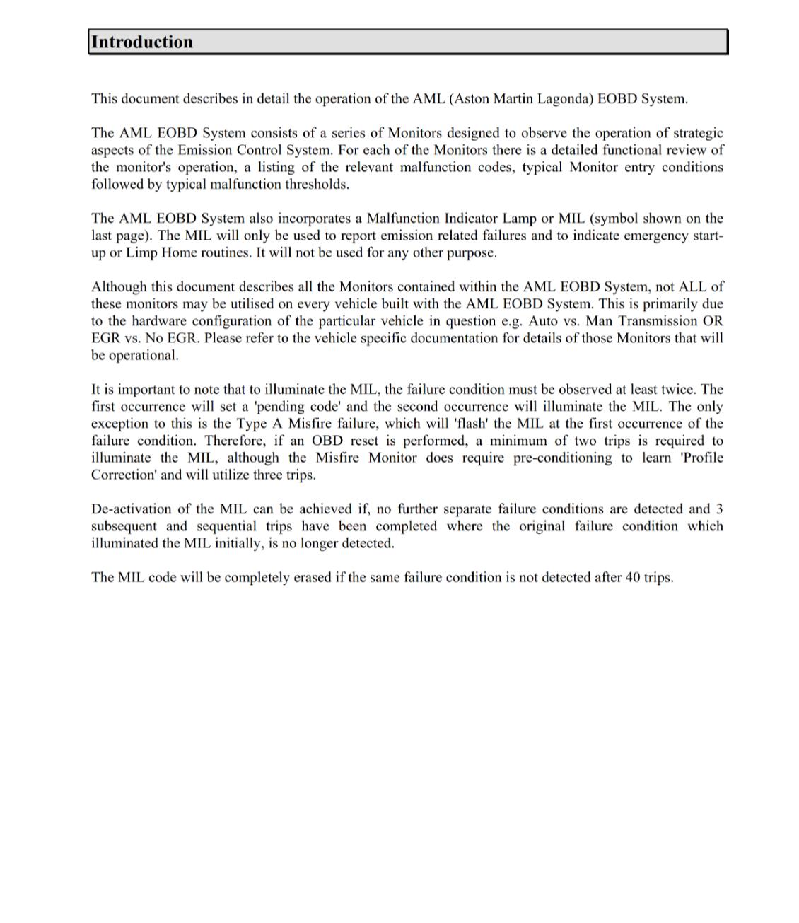 ASTON MARTIN OBD SUMMARY DOCUMENTATION - ON BOARD DIAGNOSTICS - 2010 EDITION