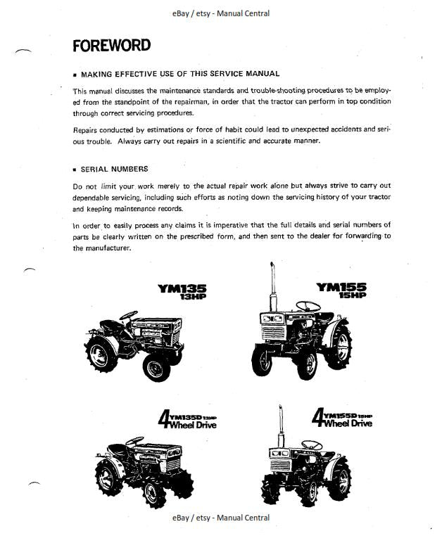YANMAR DIESEL TRACTOR YM135 YM135D YM155 YM155D SERVICE WORKSHOP REPAIR MANUAL
