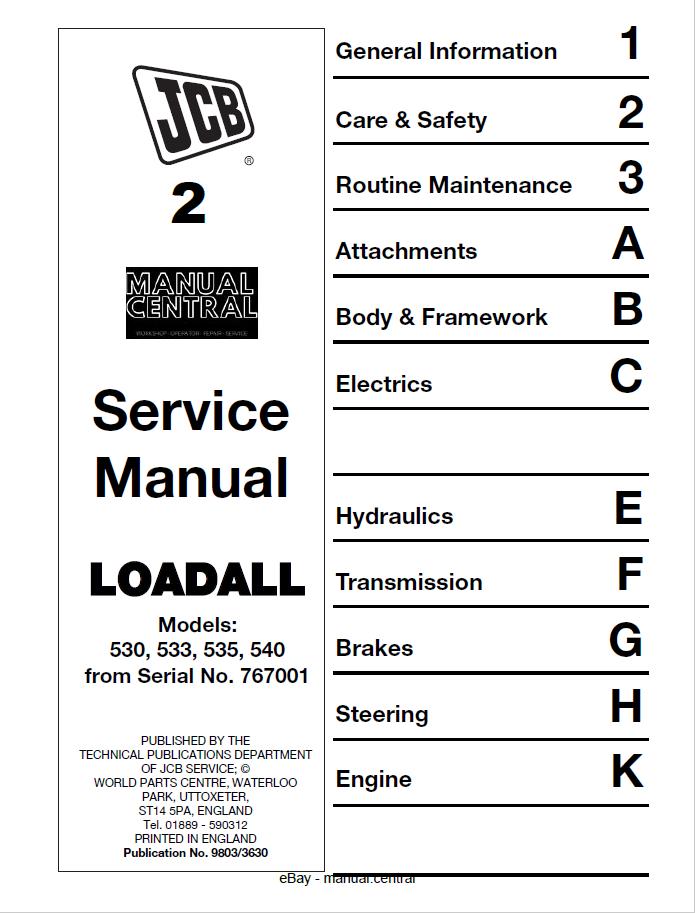 JCB LOADALL 530 533 535 540 SERVICE MANUAL FROM S/NO 767001 REPRINTED 93 - 04