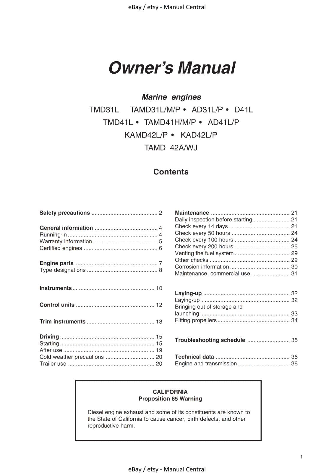 VOLVO PENTA AD31 TMD31 TAMD31 D41 AD41 TMD41 OPERATOR INSTRUCTION USER GUIDE