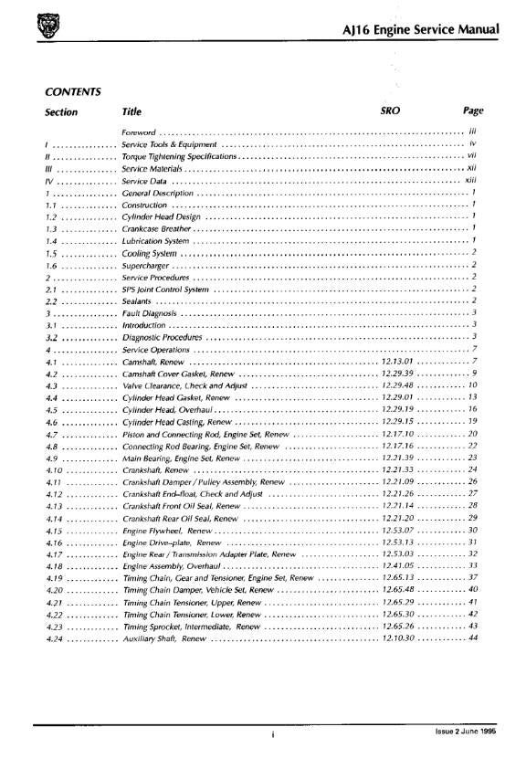 JAGUAR AJ16 ENGINE WORKSHOP SERVICE MANUAL REPRINTED COMB BOUND 1995 EDITION