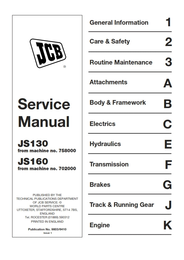 JCB JS130 JS160 SERVICE MANUAL REPRINTED COMB BOUND