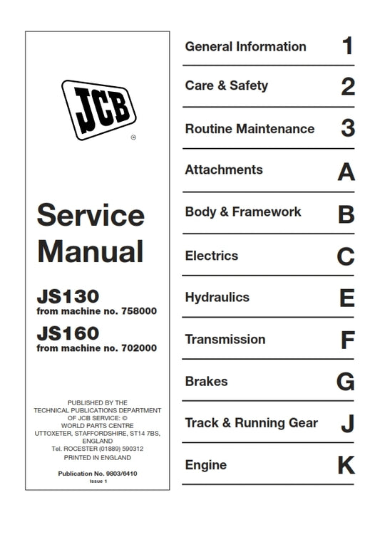 JCB JS130 JS160 SERVICE MANUAL REPRINTED COMB BOUND