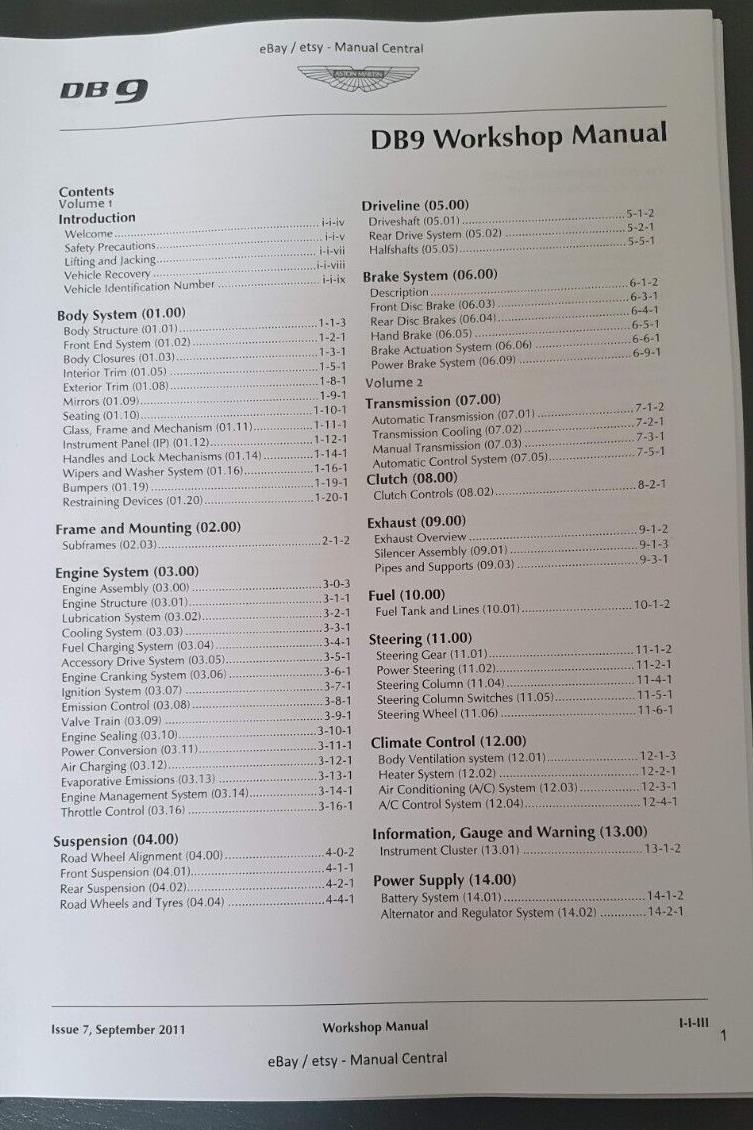 ASTON MARTIN DB9 WORKSHOP & PARTS MANUAL A4 VERSION 7 - 2004 TO 2012 MODELS
