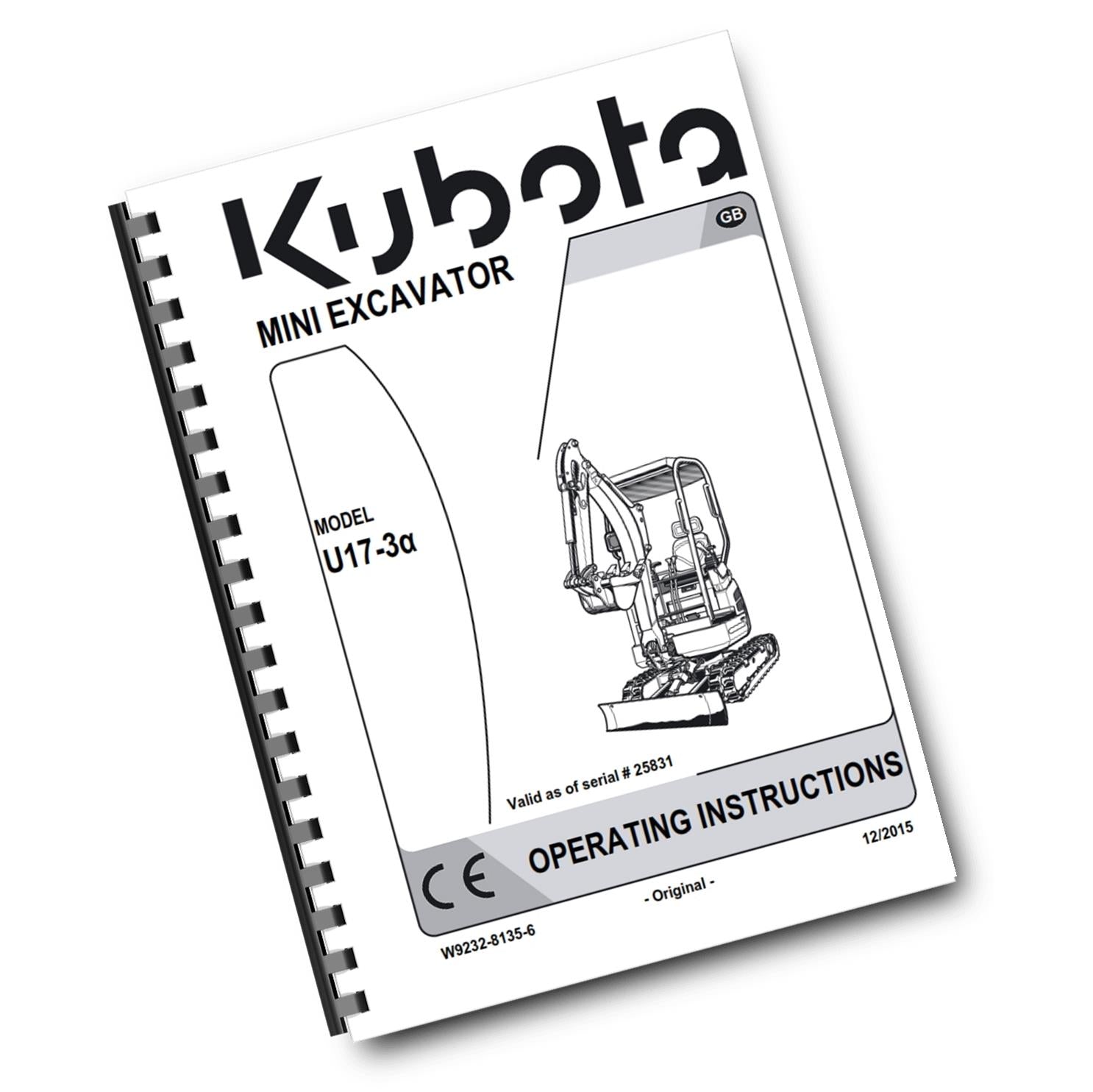 KUBOTA MINI EXCAVATOR U17-3a OPERATOR MANUAL REPRINTED DEC 15 EDITION COMB BOUND
