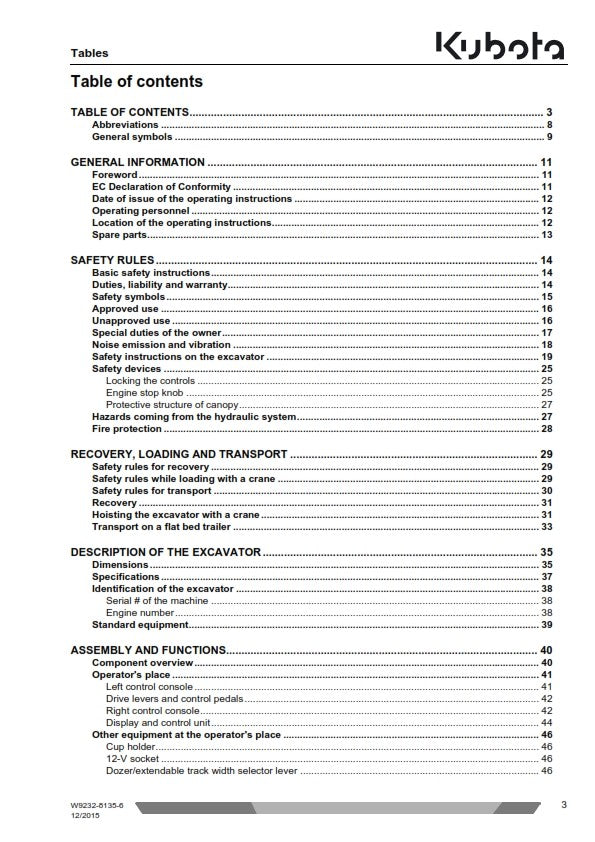 KUBOTA MINI EXCAVATOR U17-3a OPERATOR MANUAL REPRINTED DEC 15 EDITION COMB BOUND
