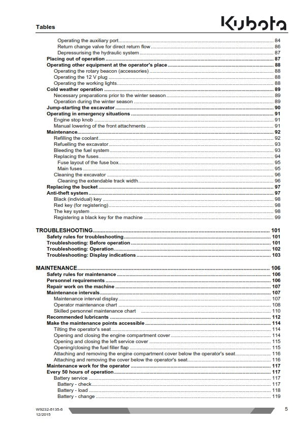 KUBOTA MINI EXCAVATOR U17-3a OPERATOR MANUAL REPRINTED DEC 15 EDITION COMB BOUND