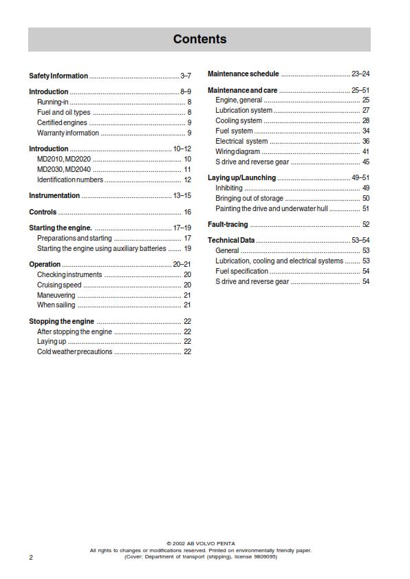 VOLVO PENTA ENGINE MD2010 MD2020 MD2030 MD2040 OPERATOR MANUAL REPRINTED