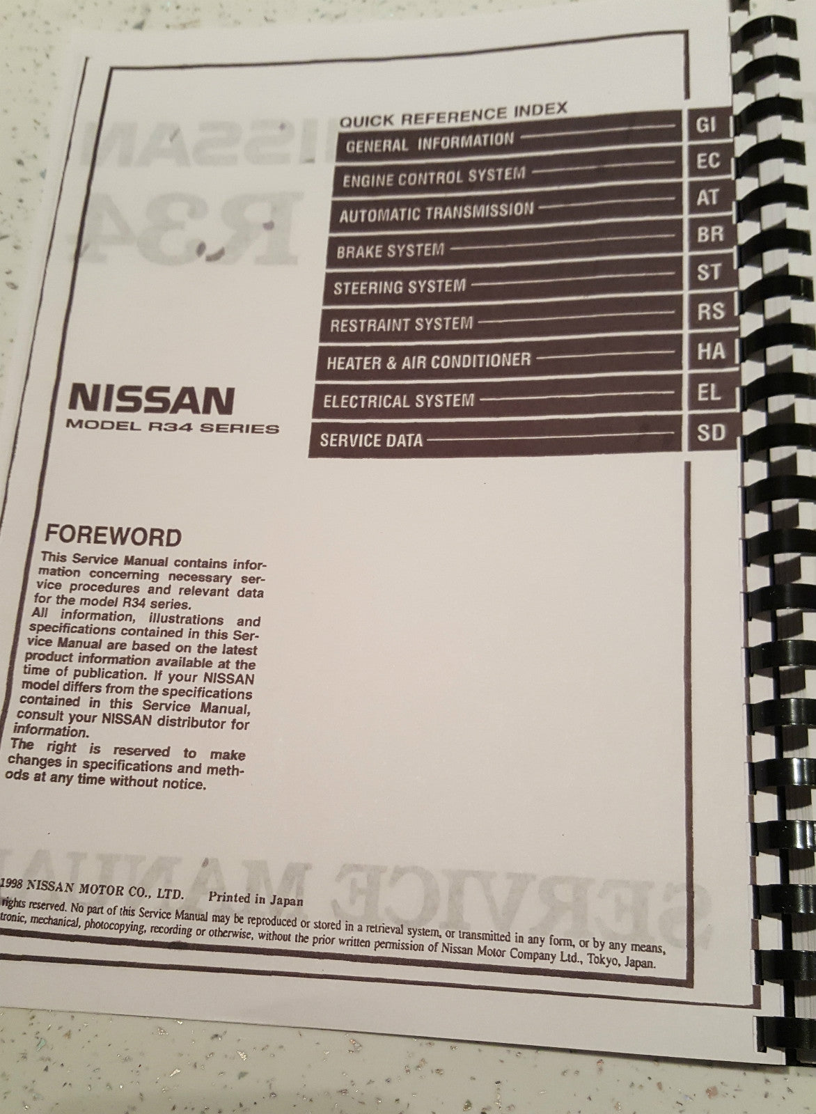 NISSAN R34 SKYLINE SERVICE DATA SPEC / TROUBLE DIAGNOSTIC SERVICE MANUAL
