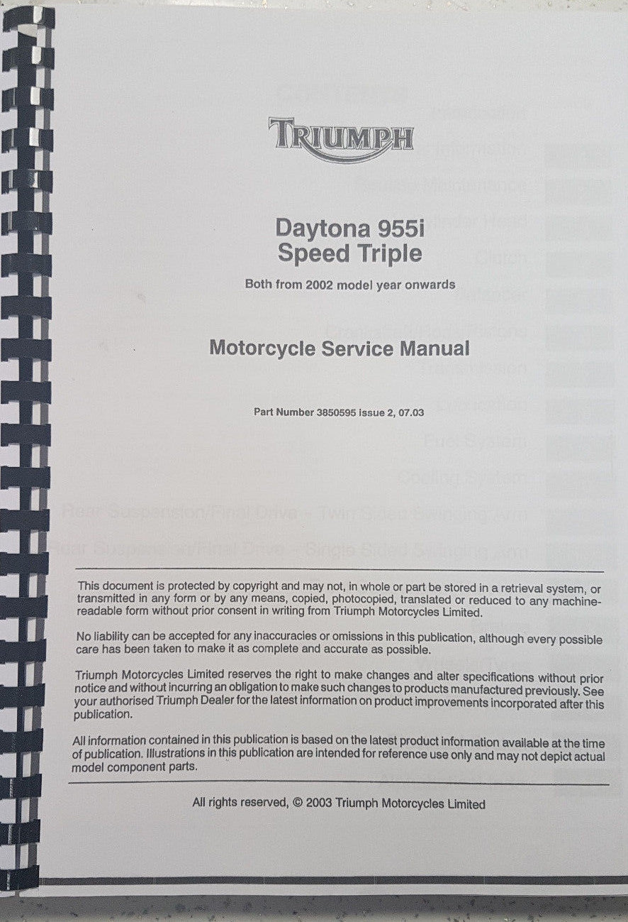 TRIUMPH DAYTONA 955i & SPEED TRIPLE 2002 - 2003 SERVICE WORKSHOP MANUAL REPRINT